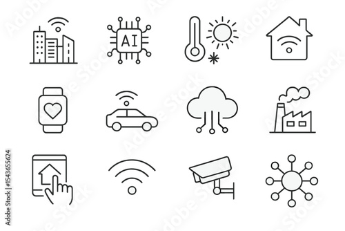 Modern technology icons representing smart city innovations in various sectors including health, climate, and security