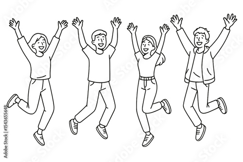 Group of young adults celebrating in a joyful moment outdoors during daytime with expressive movements of happiness