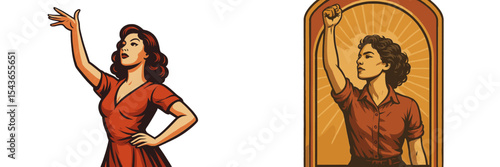 Dynamic female figures expressing empowerment in contrasting artistic styles and vibrant colors
