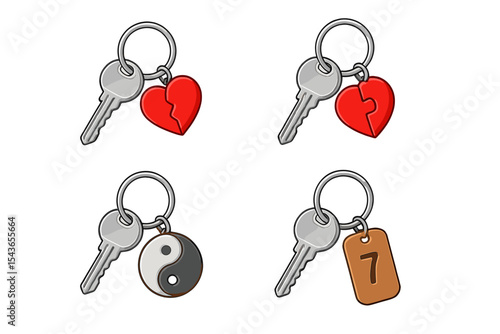 Keychains with various designs including heart shapes and a yin-yang symbol displayed on a plain background
