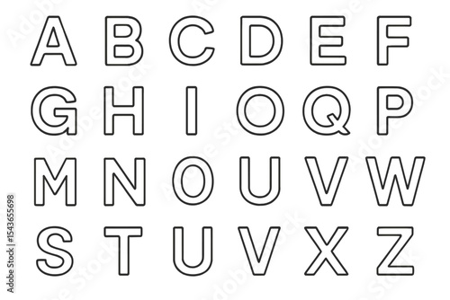 Detailed outline of uppercase letters arranged in a grid pattern for educational or design purposes on a white background