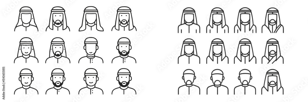 Obraz premium Diverse group of stylized male figures wearing traditional headwear and varying facial hair in a simple design