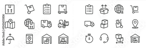 Collection of logistics icons representing shipping, tracking, and delivery processes in a clear design