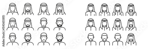 Diverse group of stylized male figures wearing traditional headwear and varying facial hair in a simple design