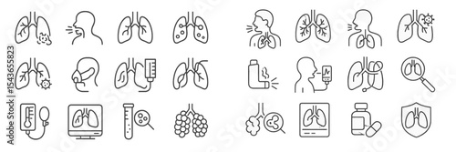 Illustrations of respiratory health showing various lung-related activities, equipment, and conditions in a minimalist design