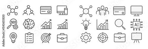 Collection of business and technology icons illustrating concepts like AI, SEO, and growth patterns in a minimalistic style