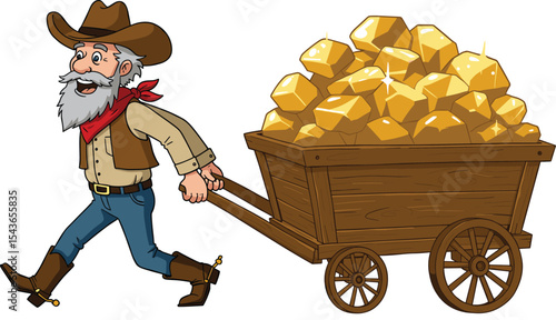 Cartoon gold miner pulling wooden cart, full of shiny gold nuggets, old prospector illustration, western treasure character, cowboy outfit, mining concept, vector design