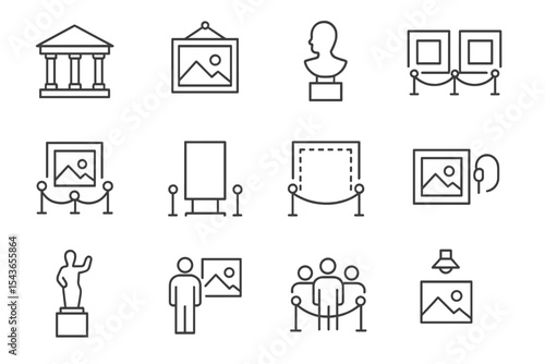 Art gallery icons feature diverse aspects of exhibitions in a minimalist design, showcasing cultural and artistic elements