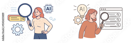 Technology enthusiast explores artificial intelligence advancements with a magnifying glass and gears in a modern workspace setting