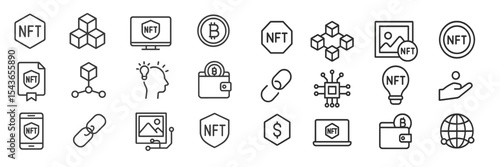 Variety of NFTs symbols and icons representing digital assets in a modern design