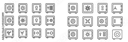 Various designs of safes displayed in a grid layout showing different styles and locking mechanisms
