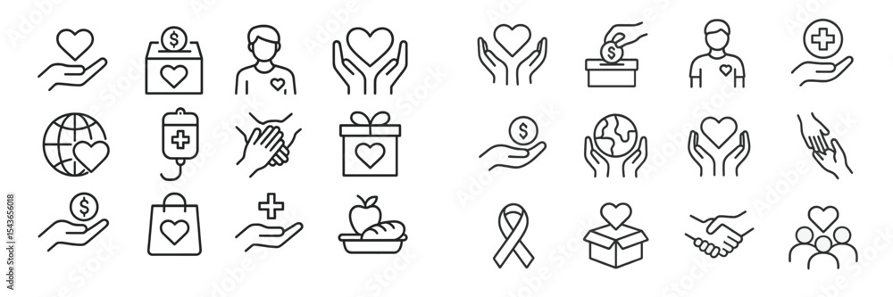 Fototapeta premium Icons representing community support, donation, and health services in a clean, minimalist design featuring hearts and hands