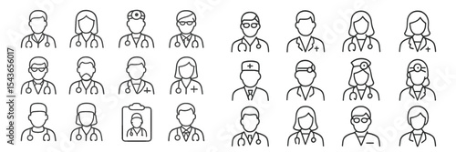 Collection of diverse healthcare professionals in minimalist design showcasing various roles in medicine and care