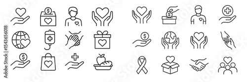 Icons representing community support, donation, and health services in a clean, minimalist design featuring hearts and hands
