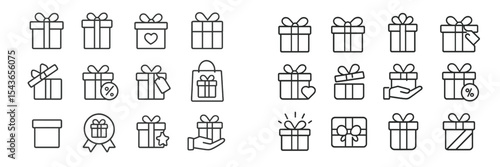 Collection of outlined gift box icons for various occasions and celebrations designed in black and white