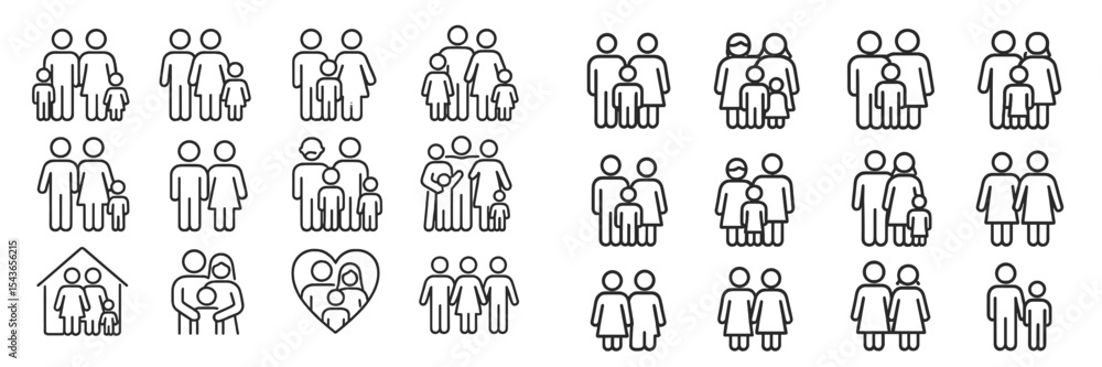 Family icon set featuring diverse structures and relationships for various uses in design and communication Family icon set featuring diverse structures and relationships for various uses in design and communication