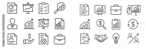 Business growth symbols representing charts, documents, analysis, and professional interactions in a modern office environment