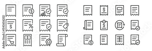 Collection of simple line icons depicting various types of receipts and financial documents in a minimalist style