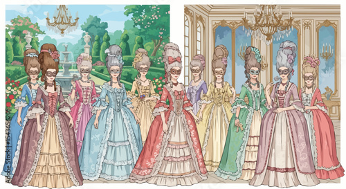 Set of vector illustrations of women in extravagant Rococo outfits attending a luxurious garden party or masquerade ball