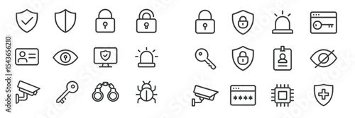 Collection of security icons representing safety, privacy, and monitoring in various digital and physical environments