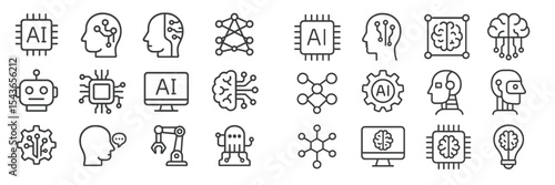 Diverse representations of artificial intelligence concepts and elements in a clean line art style