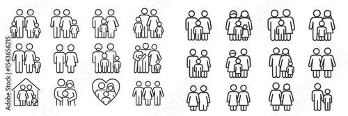 Family icon set featuring diverse structures and relationships for various uses in design and communication