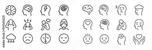Various icons representing different human emotions and mental states depicted in a simple, monochromatic style for educational purposes