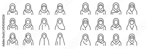 Diverse representations of women wearing various styles of headscarves in a minimalist, artistic design