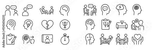 Icons representing various aspects of mental health therapy and communication strategies focused on well-being and support