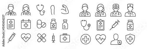 Health care symbols representing medical professionals, tools, and care activities for various medical contexts