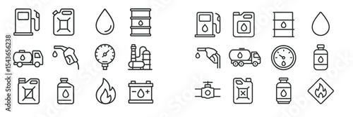 Collection of oil and fuel industry icons featuring containers, vehicles, and drop symbols with clear designs and practical uses