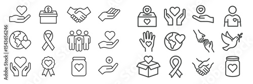 Collection of simple heart symbols illustrating love, support, and community engagement in various activities