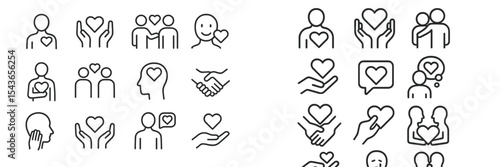 Collection of hand-drawn love symbols depicting connection and compassion in various human interactions