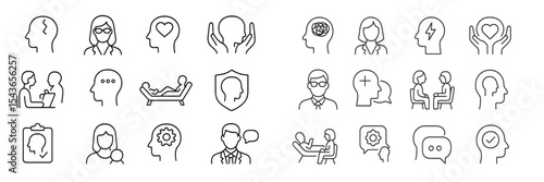 Mental health icons representing various aspects of therapy, wellness, and support in a minimalist style