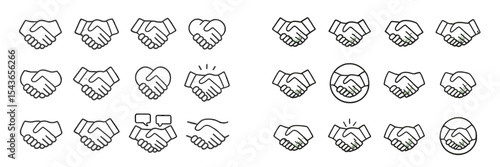 Handshake symbols representing cooperation, agreement, and connection in various styles and contexts