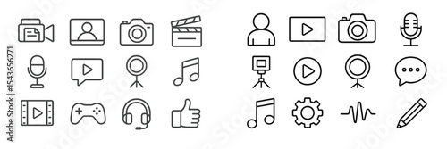Collection of various multimedia icons representing different tools and activities for content creation and communication