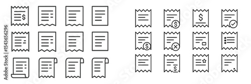 Collection of various receipt styles in minimalist line art displayed on a white background