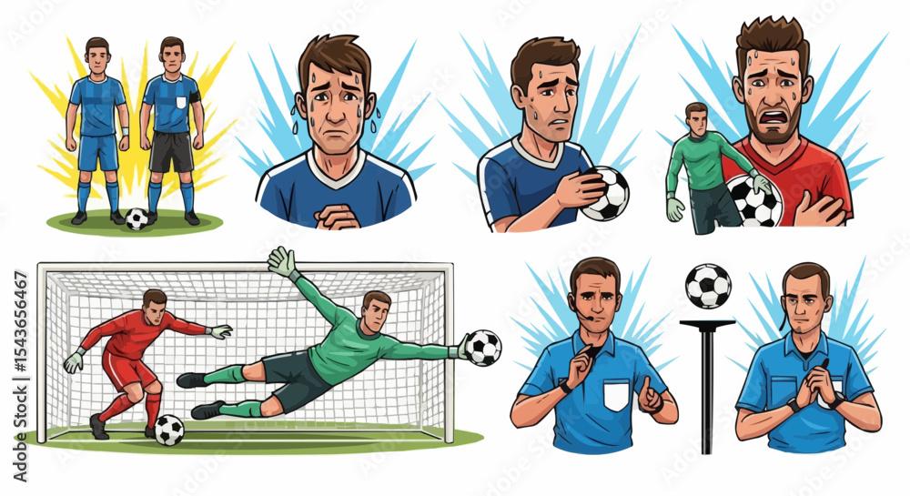 Naklejka premium Cartoon vector illustration of a fun team of soccer players in action