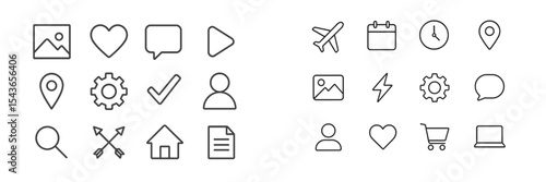 Collection of simple line icons representing various concepts such as travel, communication, and navigation in a minimalist style