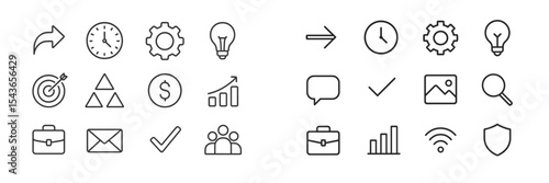 Collection of simple icons representing various concepts such as time management, teamwork, and financial growth in a modern design