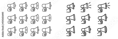 Collection of hand-drawn megaphones illustrating communication and announcement concepts