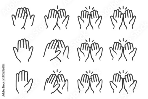 Various hand gestures representing applause and celebration, showcasing a range of styles and orientations for creative use