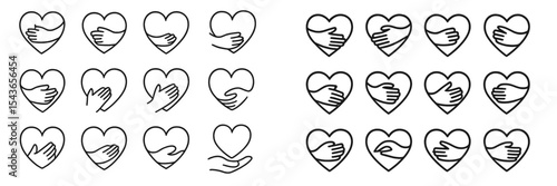 Hand illustrations within heart shapes represent care, support, and community bonds in a minimalist design