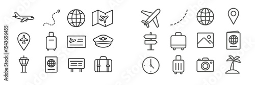 Travel icons representing various aspects of global exploration and adventure across sky and land environments