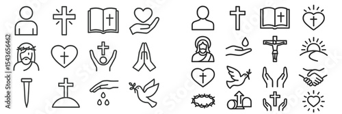 Collection of religious symbols and icons featuring crosses, hearts, and figures representing faith and spirituality