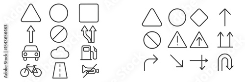 Collection of road signs and symbols depicting various traffic regulations and guidance