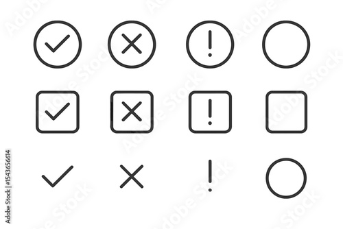 Various symbols representing different states of completion and alerts in simple line design