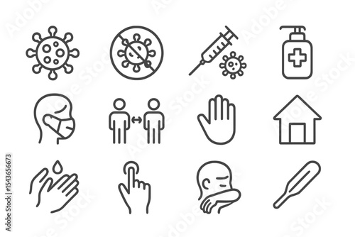 Various healthcare symbols representing hygiene, vaccination, and preventive measures against viruses
