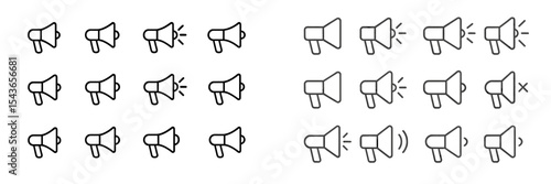 Various megaphone icons displayed in different styles and states representing sound and communication symbols