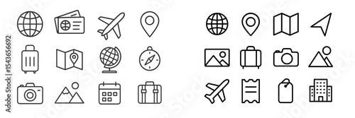 Travel icons collection featuring maps, transportation symbols, and adventure essentials for all travelers